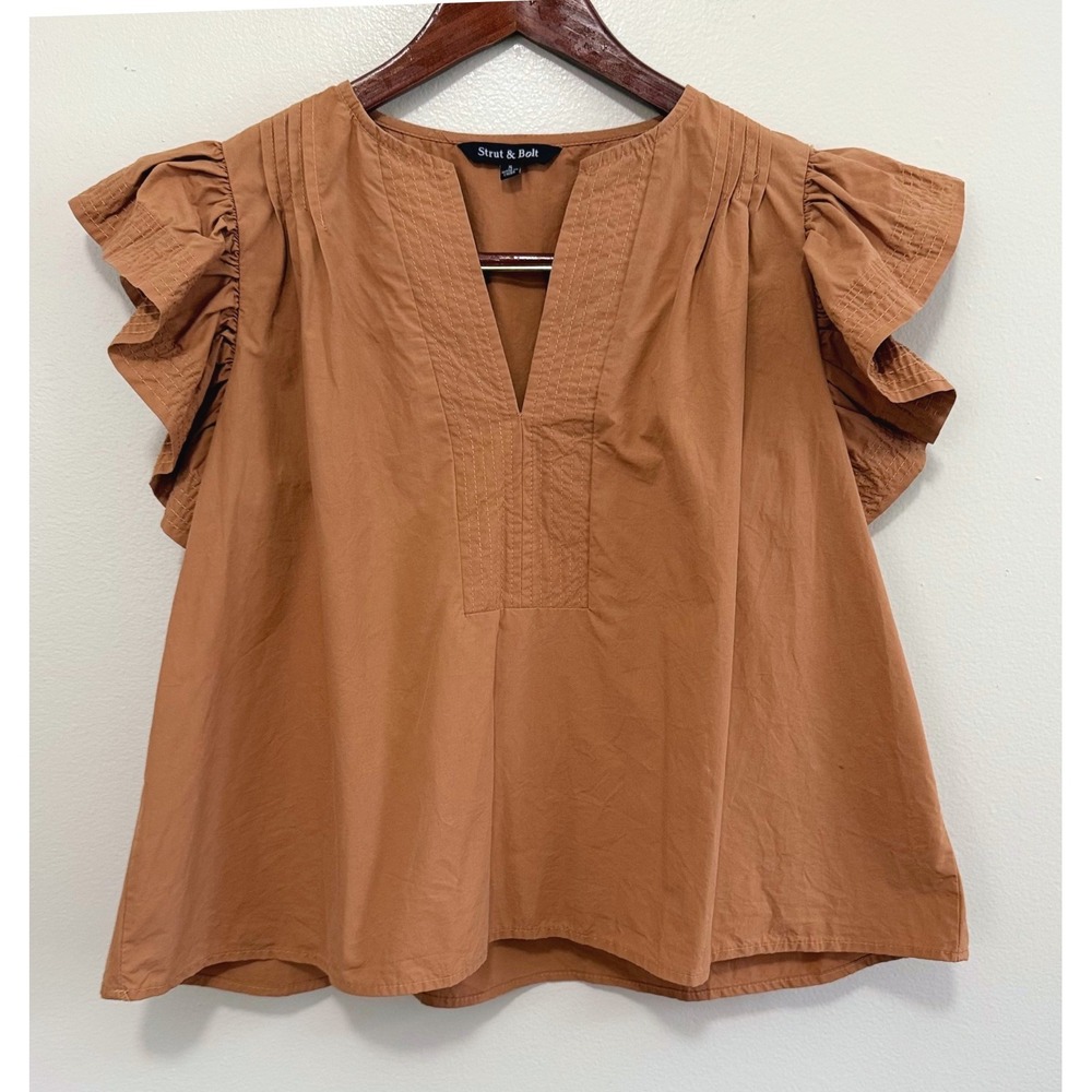 Strut & Bolt Terracotta Brown Flutter Ruffle Sleeve Poplin Blouse Sz Small